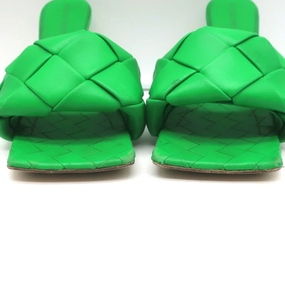 BOTTEGA VENETA LIDO MULES GRASS INTRECCIATO LEATHER SIZE 37.5 HIGH HEEL SANDALS - Picture 6 of 12